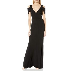 ABS Allen Schwartz Black Cold Shoulder Deep V Neck Mermaid Maxi Dress